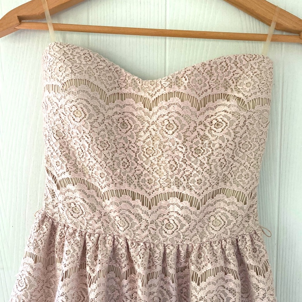 Blush pink lace strapless sweetheart neckline mini dress